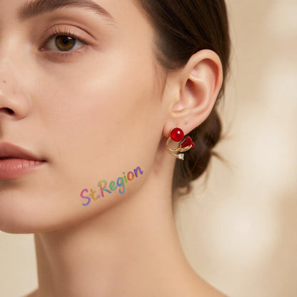 Red Resin and Crystal 18K Gold-Plated Rose Ear Jackets, elegant gift for her, styled look