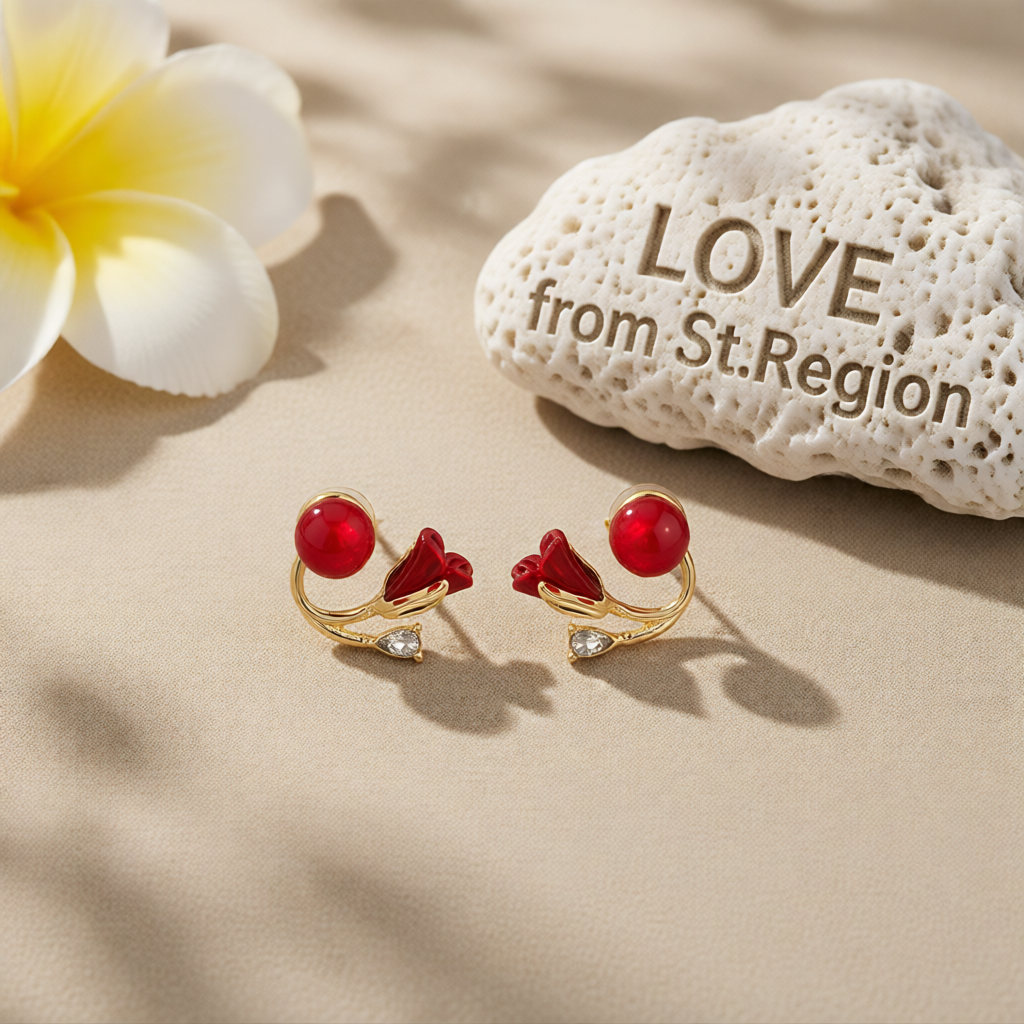 Red Resin & Crystal 18K Gold-Plated Rose Ear Jackets