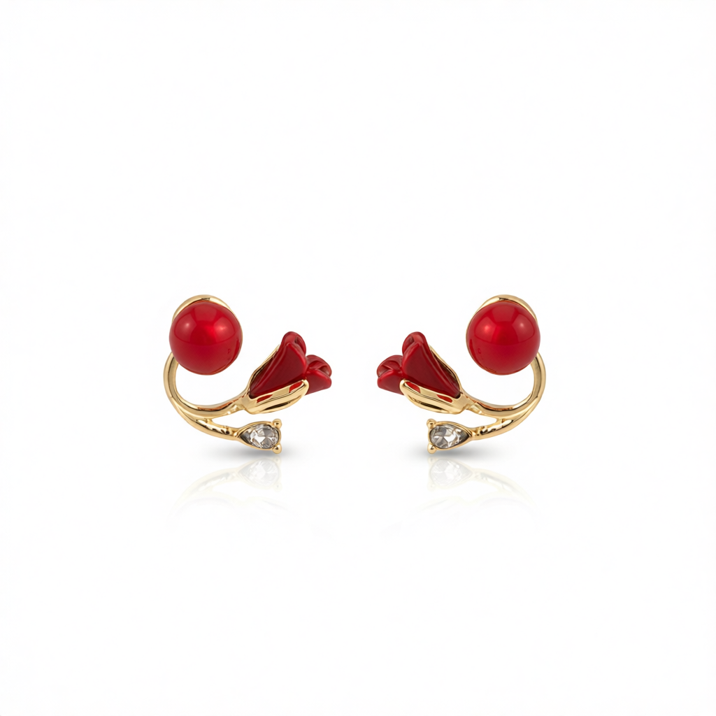 Red Resin & Crystal 18K Gold-Plated Rose Ear Jackets