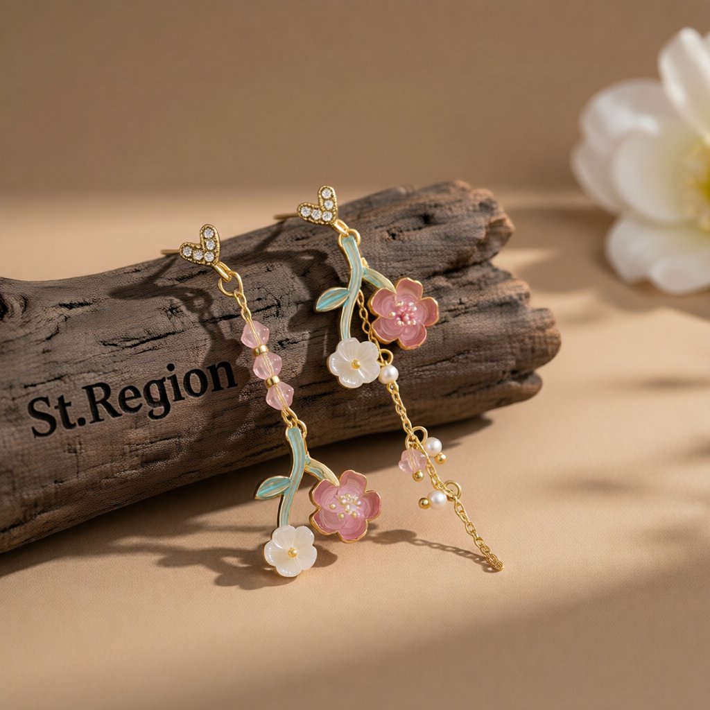 Pearl and Enamel Acrylic 18K Gold-Plated Floral Mismatched Drop Earrings, gold drop earrings for women, front view