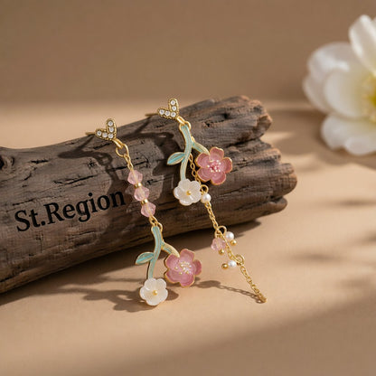Pearl and Enamel Acrylic 18K Gold-Plated Floral Mismatched Drop Earrings, gold drop earrings for women, front view