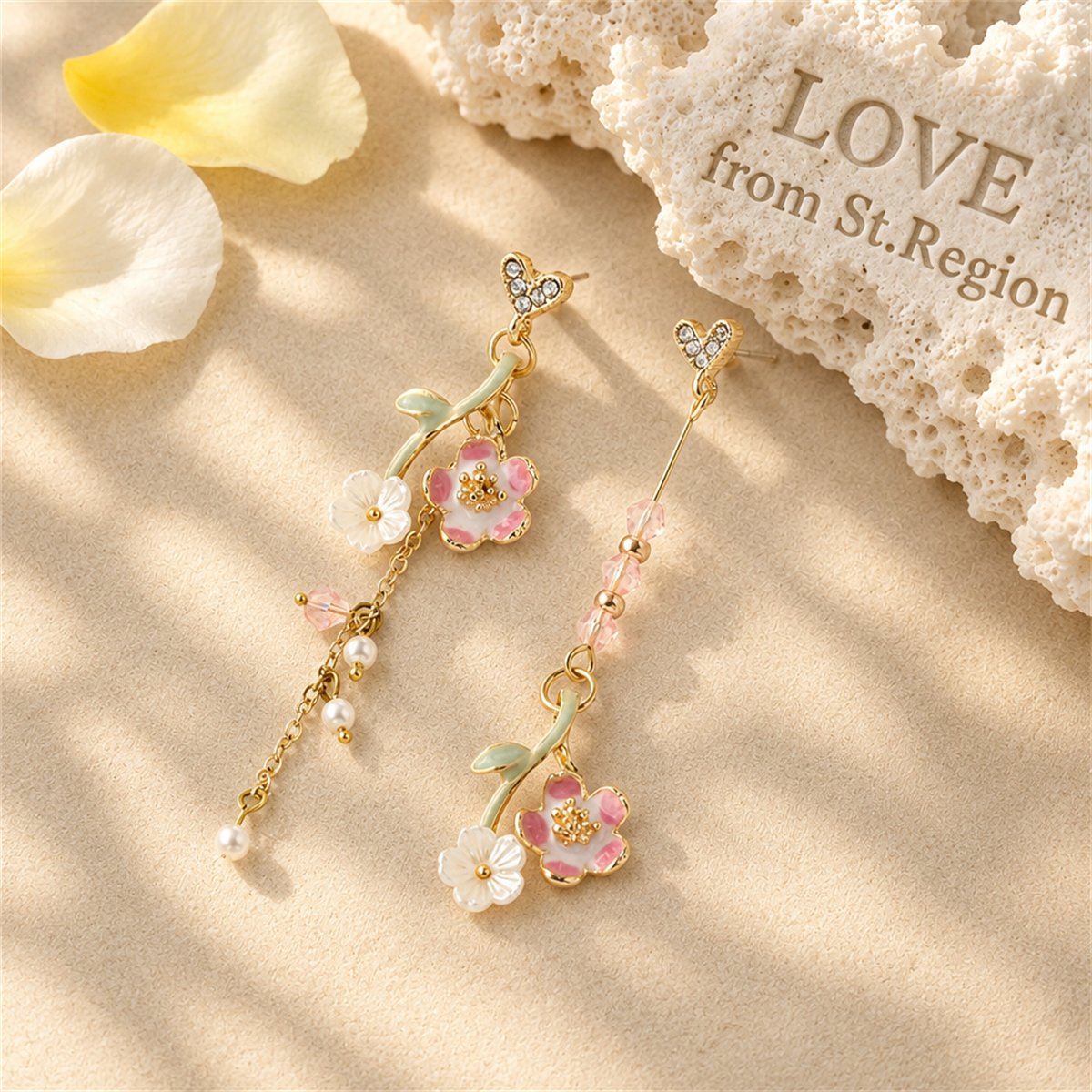 Pearl and Enamel Acrylic 18K Gold-Plated Floral Mismatched Drop Earrings, gold drop earrings for women, lifestyle look