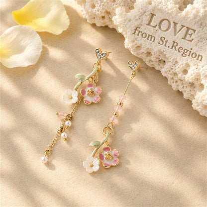 Pearl and Enamel Acrylic 18K Gold-Plated Floral Mismatched Drop Earrings, gold drop earrings for women, lifestyle look