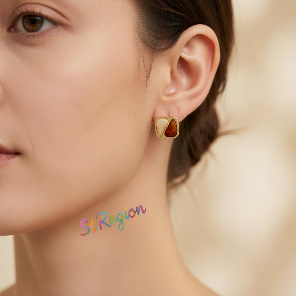 Brown Resin and 18K Gold-Plated Square Stud Earrings, cubic zirconia stud earrings for women, styled look