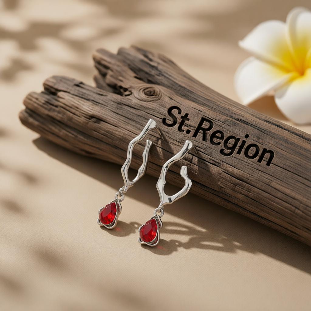 Red Crystal and Silver-Plated Drop Huggie Earrings, silver drop earrings for women, dainty minimalist design, front view