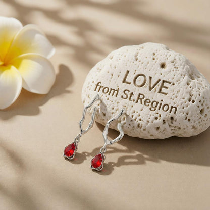 Red Crystal and Silver-Plated Drop Huggie Earrings, silver drop earrings for women, dainty minimalist design, lifestyle look