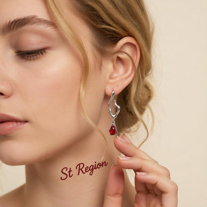 Red Crystal and Silver-Plated Drop Huggie Earrings, silver drop earrings for women, dainty minimalist design, styled look