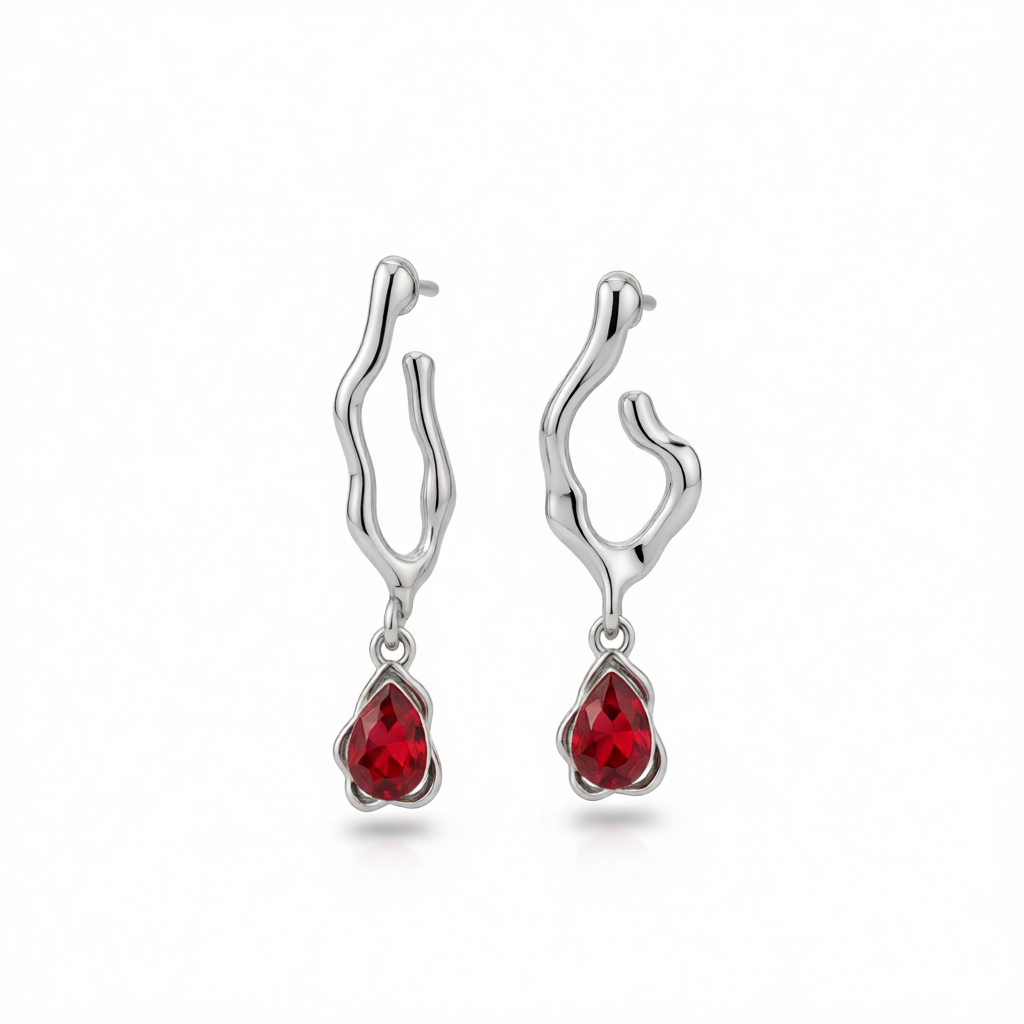 Red Crystal & Silver-Plated Drop Huggie Earrings