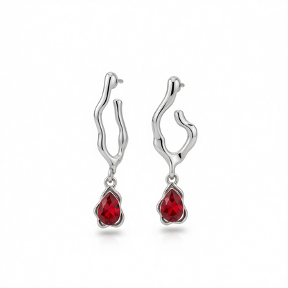 Red Crystal & Silver-Plated Drop Huggie Earrings