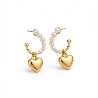 Pearl and 18K Gold-Plated Heart Huggie Earrings, gold drop earrings for women, elegant gift for her, side view