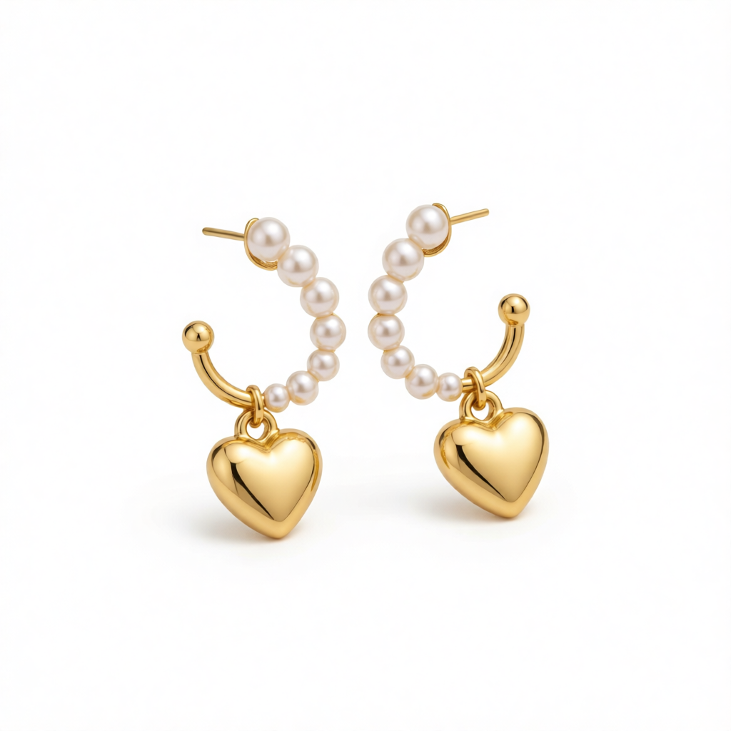 Pearl & 18K Gold-Plated Heart Huggie Earrings