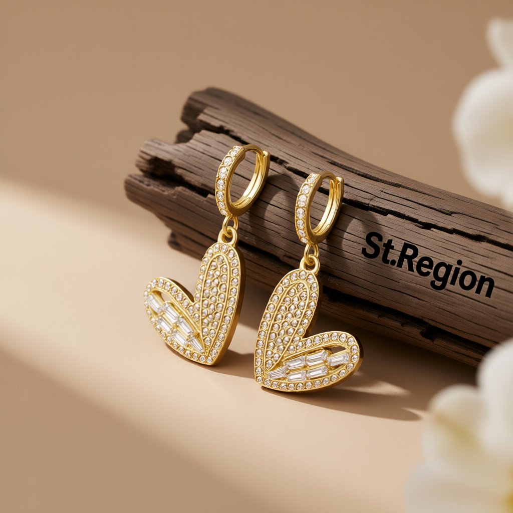 Cubic Zirconia and 18K Gold-Plated Heart Huggie Earrings, gold huggie earrings, vintage-inspired design, front view