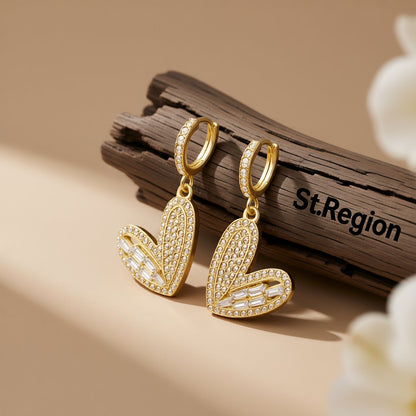 Cubic Zirconia and 18K Gold-Plated Heart Huggie Earrings, gold huggie earrings, vintage-inspired design, front view