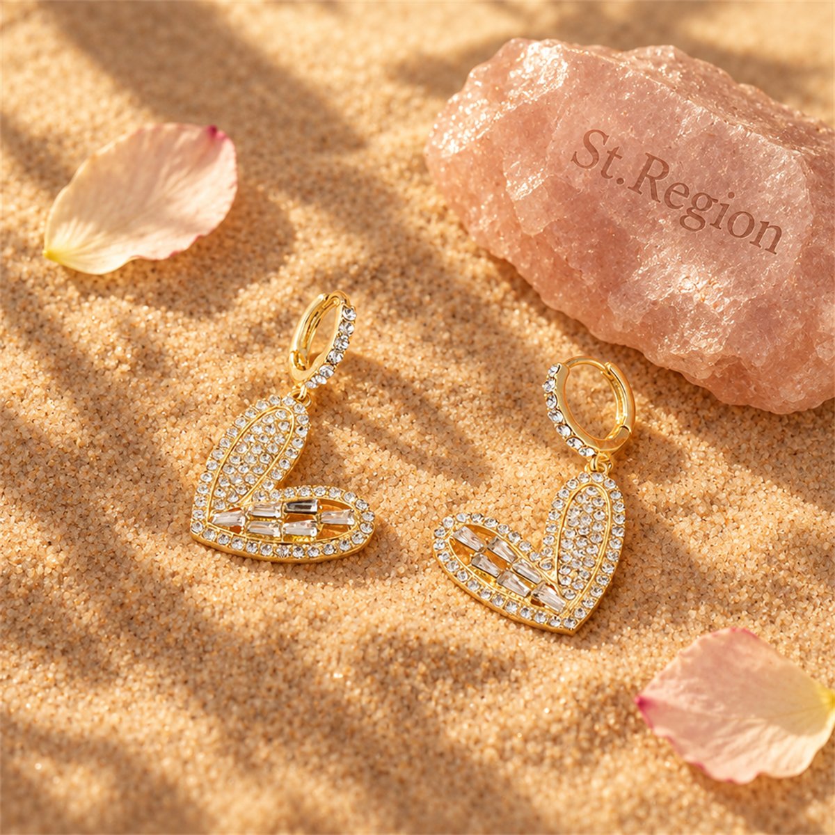 Cubic Zirconia and 18K Gold-Plated Heart Huggie Earrings, gold huggie earrings, vintage-inspired design, detail close-up