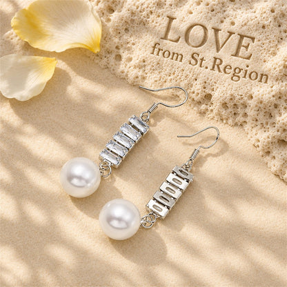 Crystal and Pearl Silver-Plated Stacked Baguette Drop Earrings, silver drop earrings for women, lifestyle look