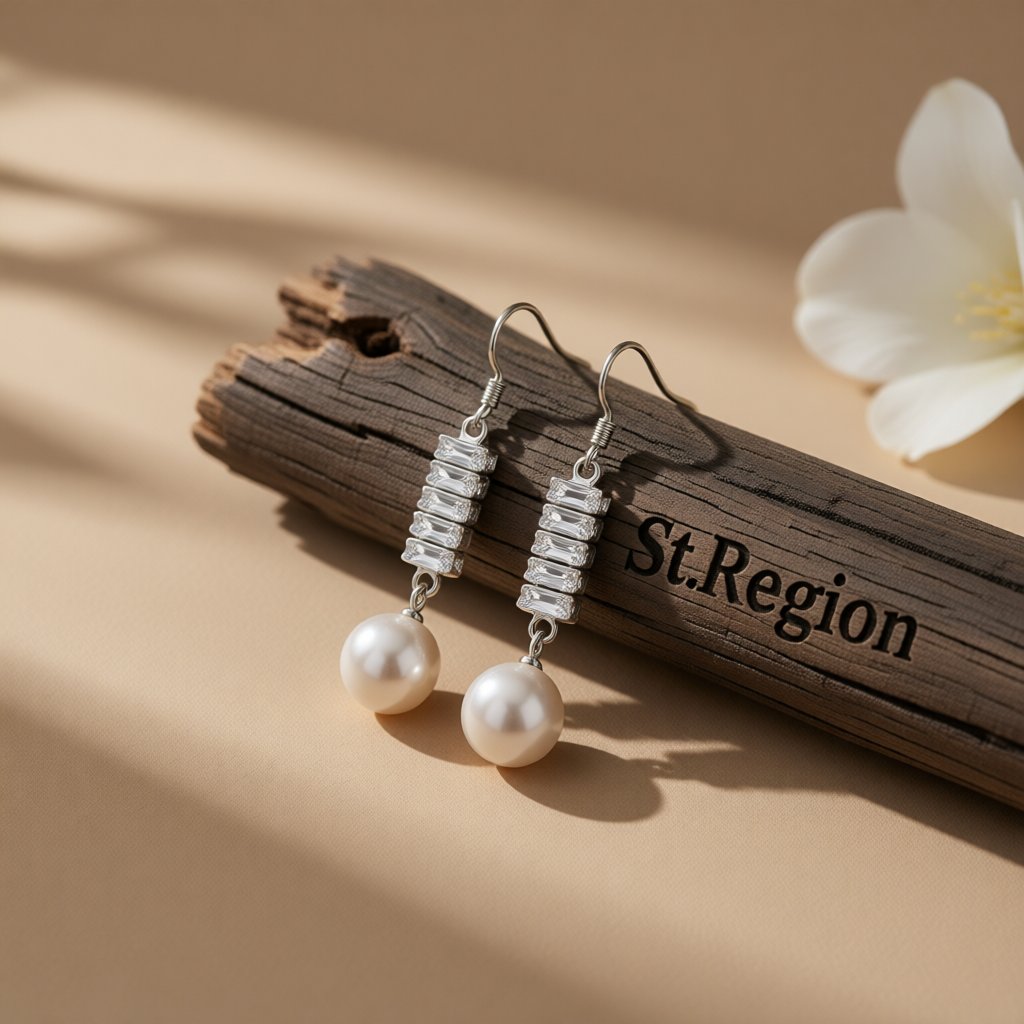 Crystal and Pearl Silver-Plated Stacked Baguette Drop Earrings, silver drop earrings for women, front view
