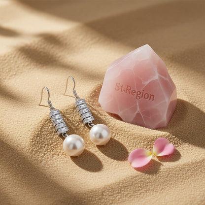 Crystal and Pearl Silver-Plated Stacked Baguette Drop Earrings, silver drop earrings for women, detail close-up