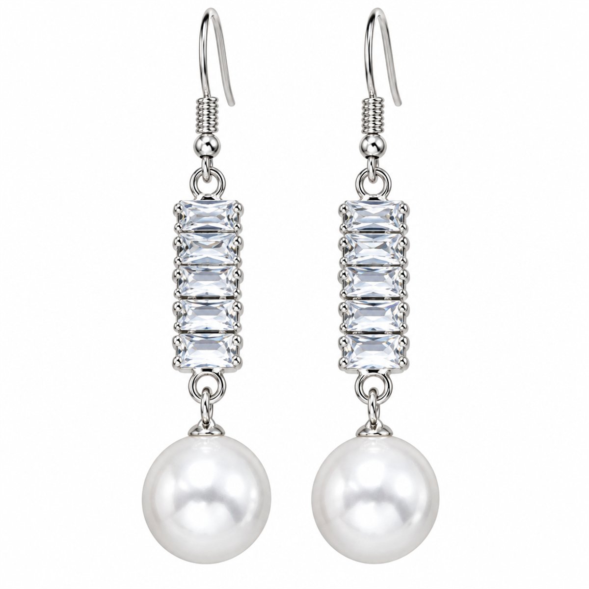 Crystal and Pearl Silver-Plated Stacked Baguette Drop Earrings, silver drop earrings for women, side view