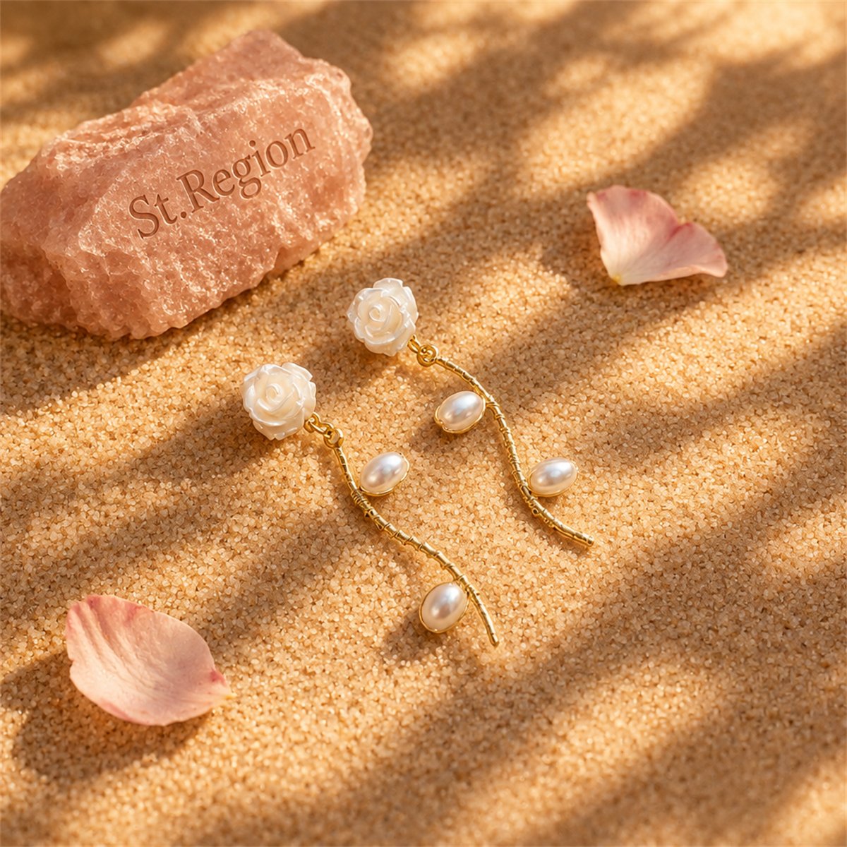 Pearl and Resin 18K Gold-Plated Rose Drop Earrings, gold drop earrings for women, botanical inspired, detail close-up