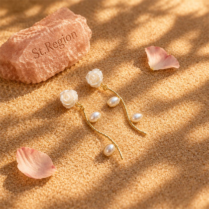 Pearl and Resin 18K Gold-Plated Rose Drop Earrings, gold drop earrings for women, botanical inspired, detail close-up