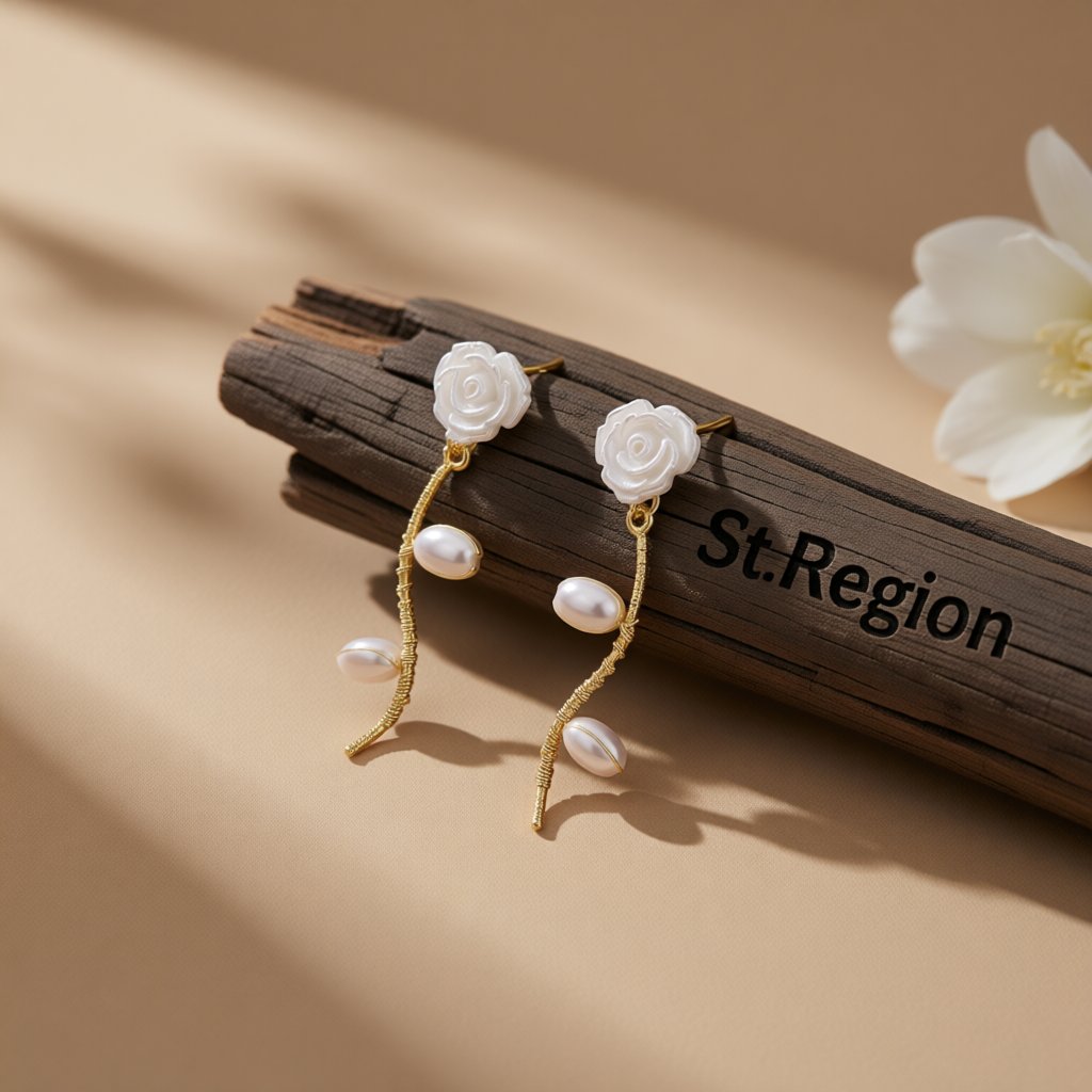 Pearl and Resin 18K Gold-Plated Rose Drop Earrings, gold drop earrings for women, botanical inspired, front view