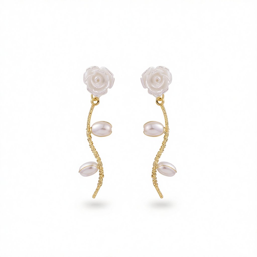 Pearl and Resin 18K Gold-Plated Rose Drop Earrings, gold drop earrings for women, botanical inspired, side view