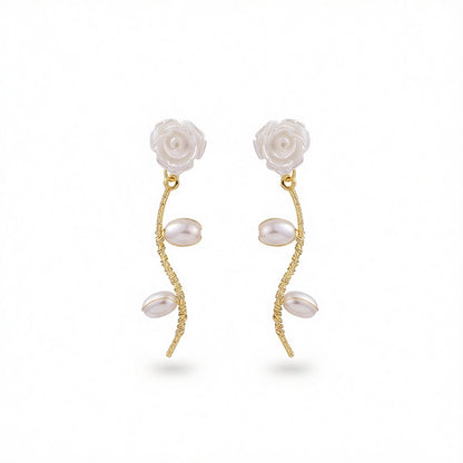 Pearl and Resin 18K Gold-Plated Rose Drop Earrings, gold drop earrings for women, botanical inspired, side view