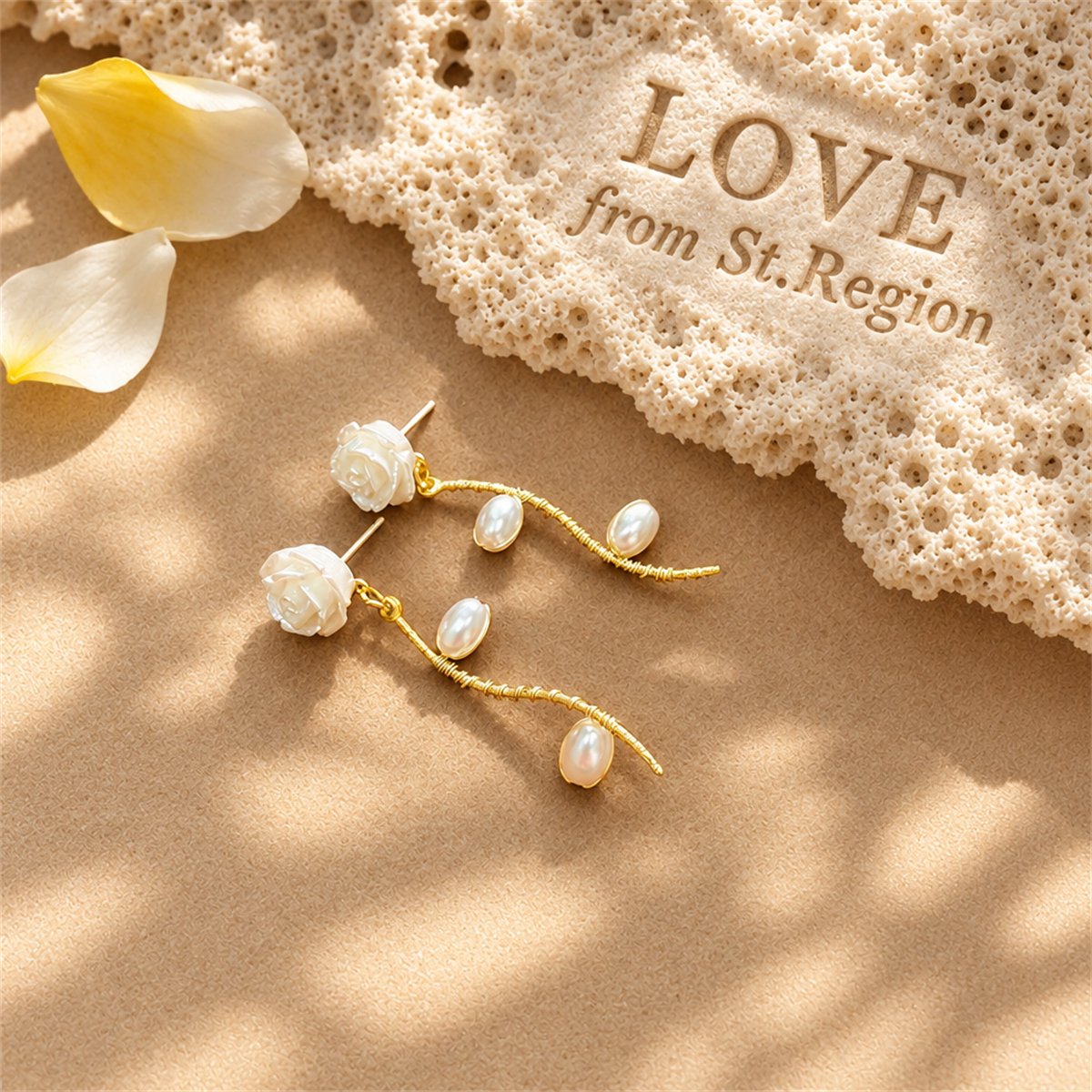 Pearl and Resin 18K Gold-Plated Rose Drop Earrings, gold drop earrings for women, botanical inspired, lifestyle look