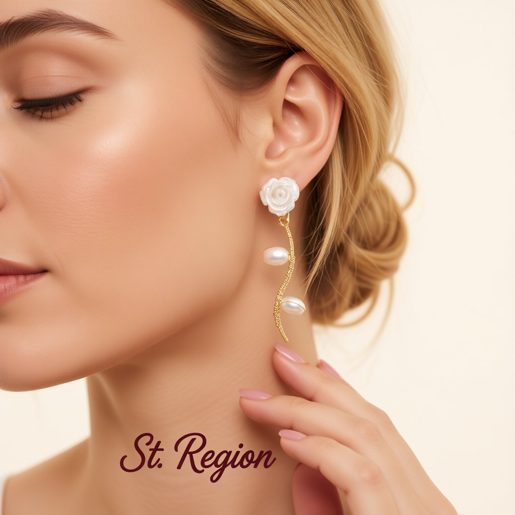 Pearl and Resin 18K Gold-Plated Rose Drop Earrings, gold drop earrings for women, botanical inspired, styled look
