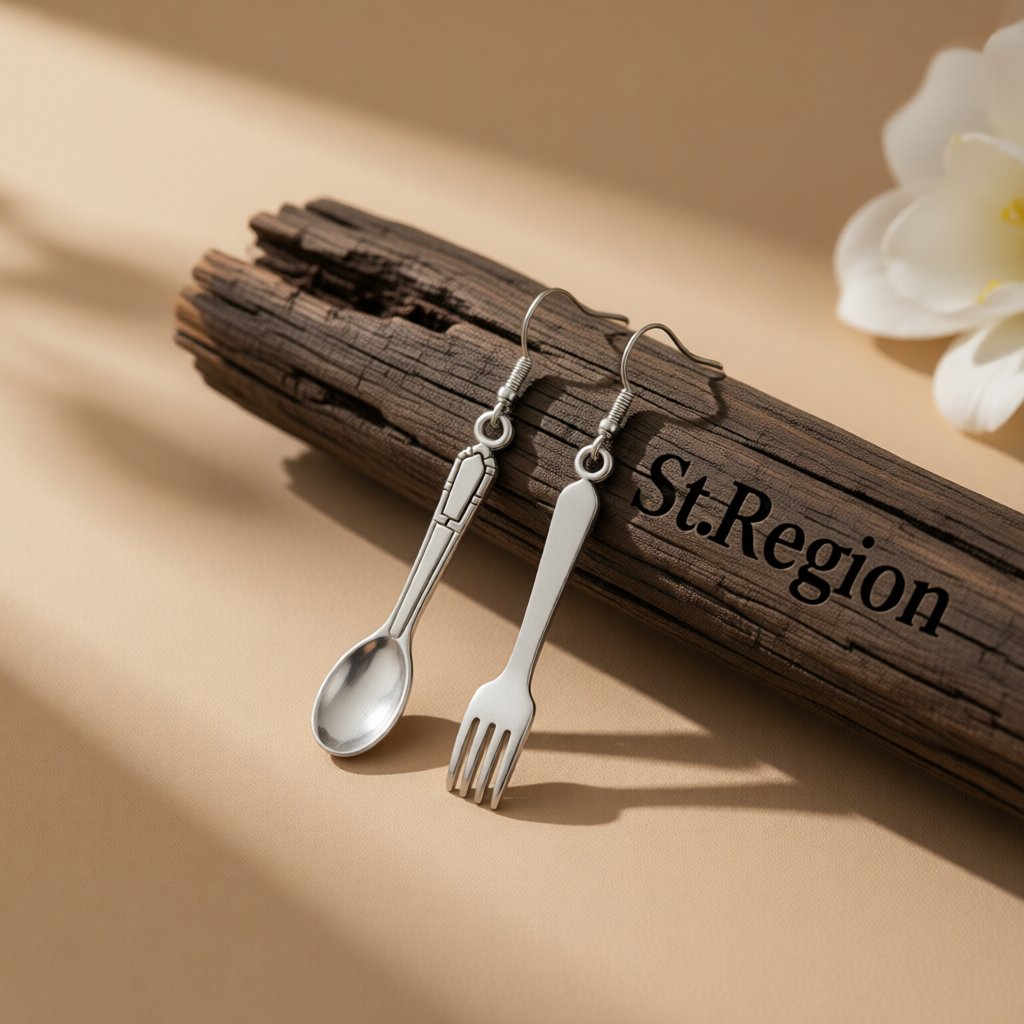 Silver-Plated Spoon and Fork Drop Earrings, silver drop earrings for women, everyday style, front view