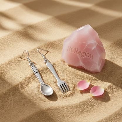 Silver-Plated Spoon and Fork Drop Earrings, silver drop earrings for women, everyday style, detail close-up