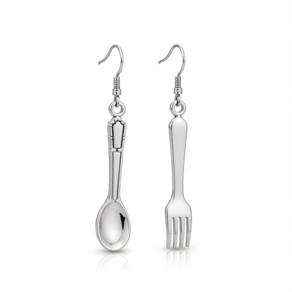 Silver-Plated Spoon and Fork Drop Earrings, silver drop earrings for women, everyday style, side view