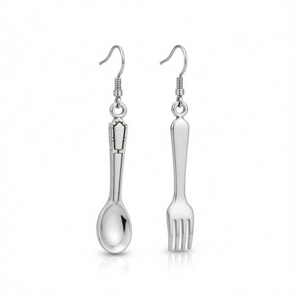 Silver-Plated Spoon and Fork Drop Earrings, silver drop earrings for women, everyday style, side view
