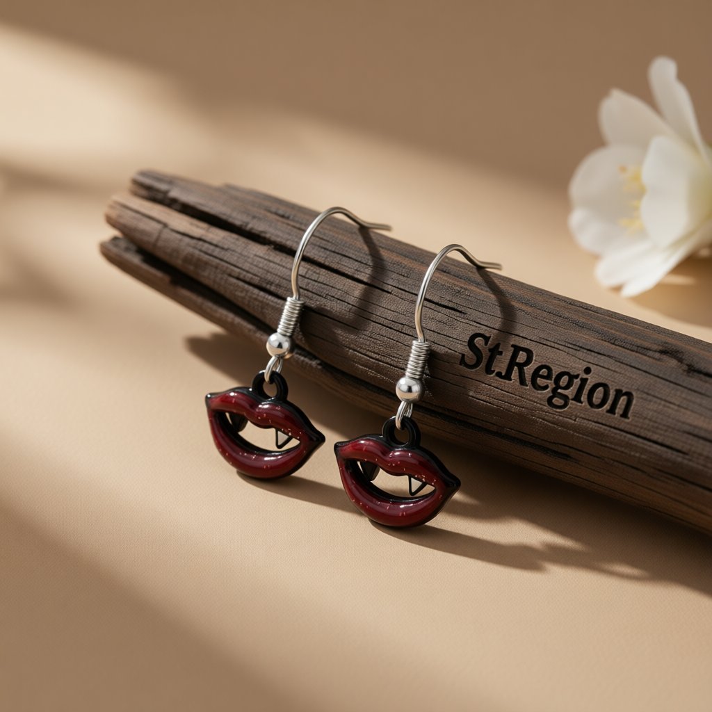 Red and Black Vampire Fangs Drop Earrings, drop earrings for women, everyday style, front view