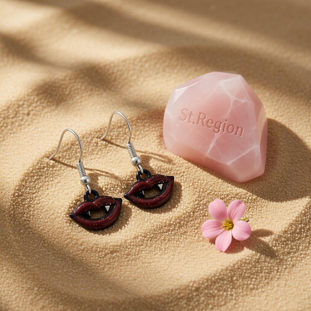 Red and Black Vampire Fangs Drop Earrings, drop earrings for women, everyday style, detail close-up