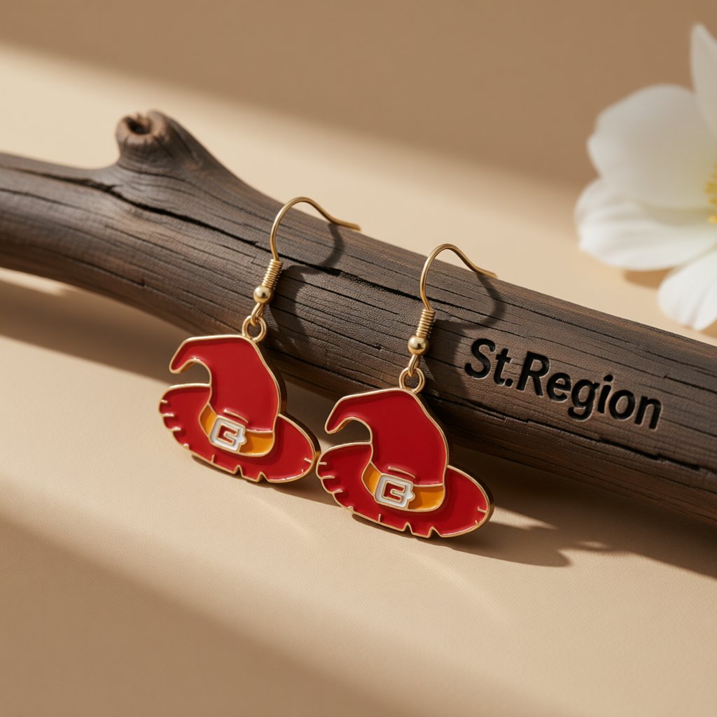 Red and Orange Enamel 18K Gold-Plated Witch Hat Drop Earrings, gold drop earrings for women, botanical inspired, front view