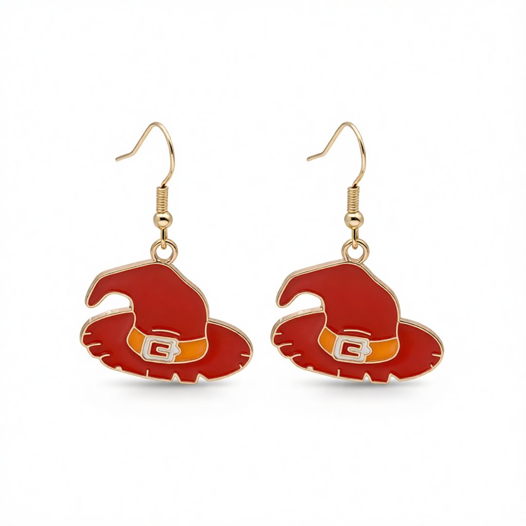 Red and Orange Enamel 18K Gold-Plated Witch Hat Drop Earrings, gold drop earrings for women, botanical inspired, side view