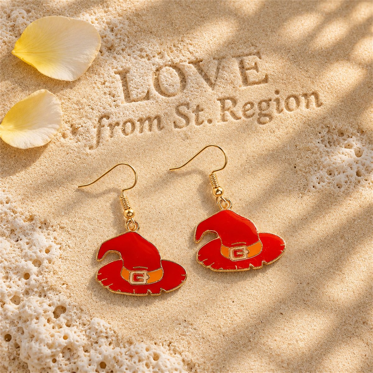Red and Orange Enamel 18K Gold-Plated Witch Hat Drop Earrings, gold drop earrings for women, lifestyle look