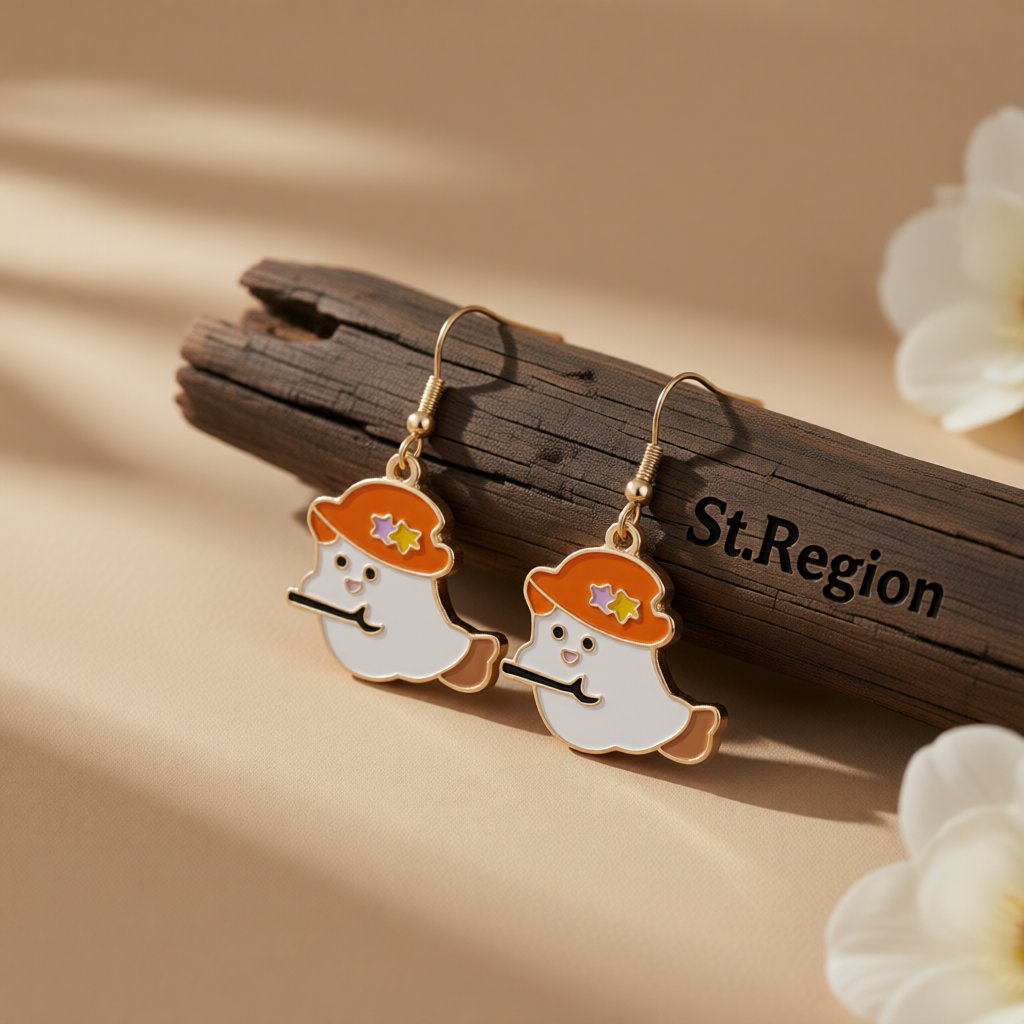 Orange Enamel and 18K Gold-Plated Broomstick Ghost Drop Earrings, gold drop earrings for women, front view