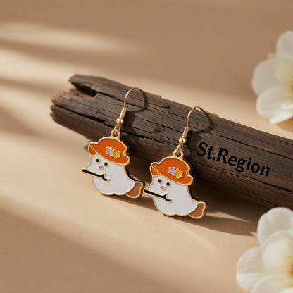 Orange Enamel and 18K Gold-Plated Broomstick Ghost Drop Earrings, gold drop earrings for women, front view