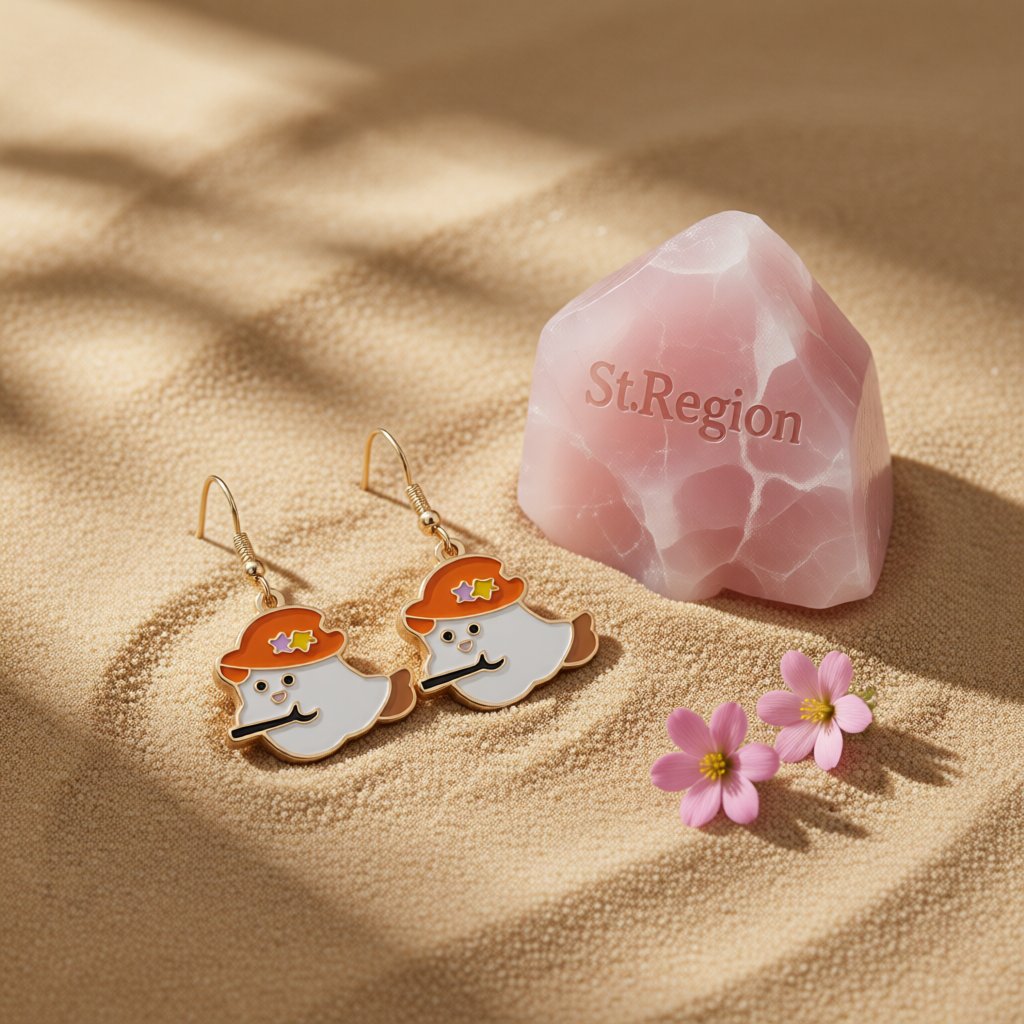 Orange Enamel and 18K Gold-Plated Broomstick Ghost Drop Earrings, gold drop earrings for women, detail close-up
