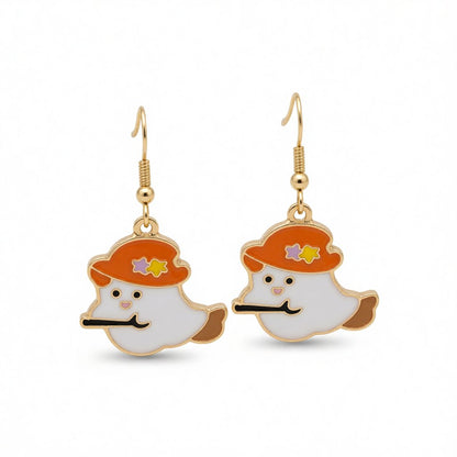 Orange Enamel and 18K Gold-Plated Broomstick Ghost Drop Earrings, gold drop earrings for women, side view
