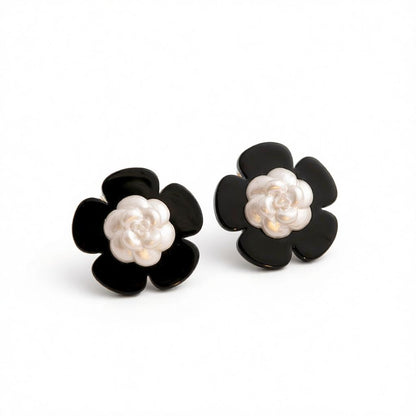 Black and White Floral Stud Earrings, cubic zirconia stud earrings for women, elegant gift for her, side view