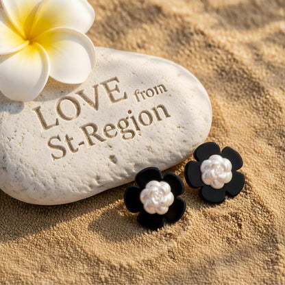 Black and White Floral Stud Earrings, cubic zirconia stud earrings for women, elegant gift for her, lifestyle look