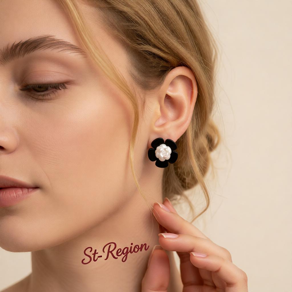 Black and White Floral Stud Earrings, cubic zirconia stud earrings for women, elegant gift for her, styled look
