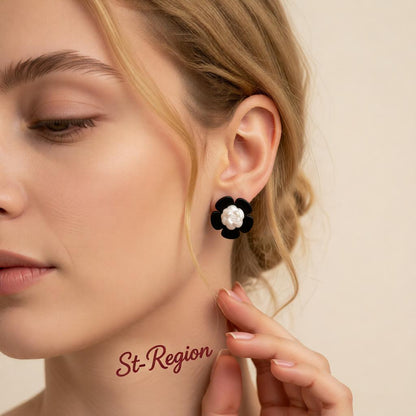 Black and White Floral Stud Earrings, cubic zirconia stud earrings for women, elegant gift for her, styled look