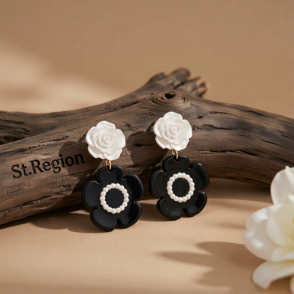 Black Acrylic & White Resin Pearl Silver-Plated Flower Drop Earrings