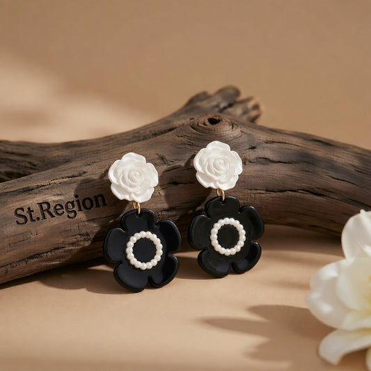 Black Acrylic & White Resin Pearl Silver-Plated Flower Drop Earrings
