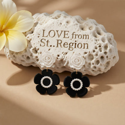 Black Acrylic & White Resin Pearl Silver-Plated Flower Drop Earrings