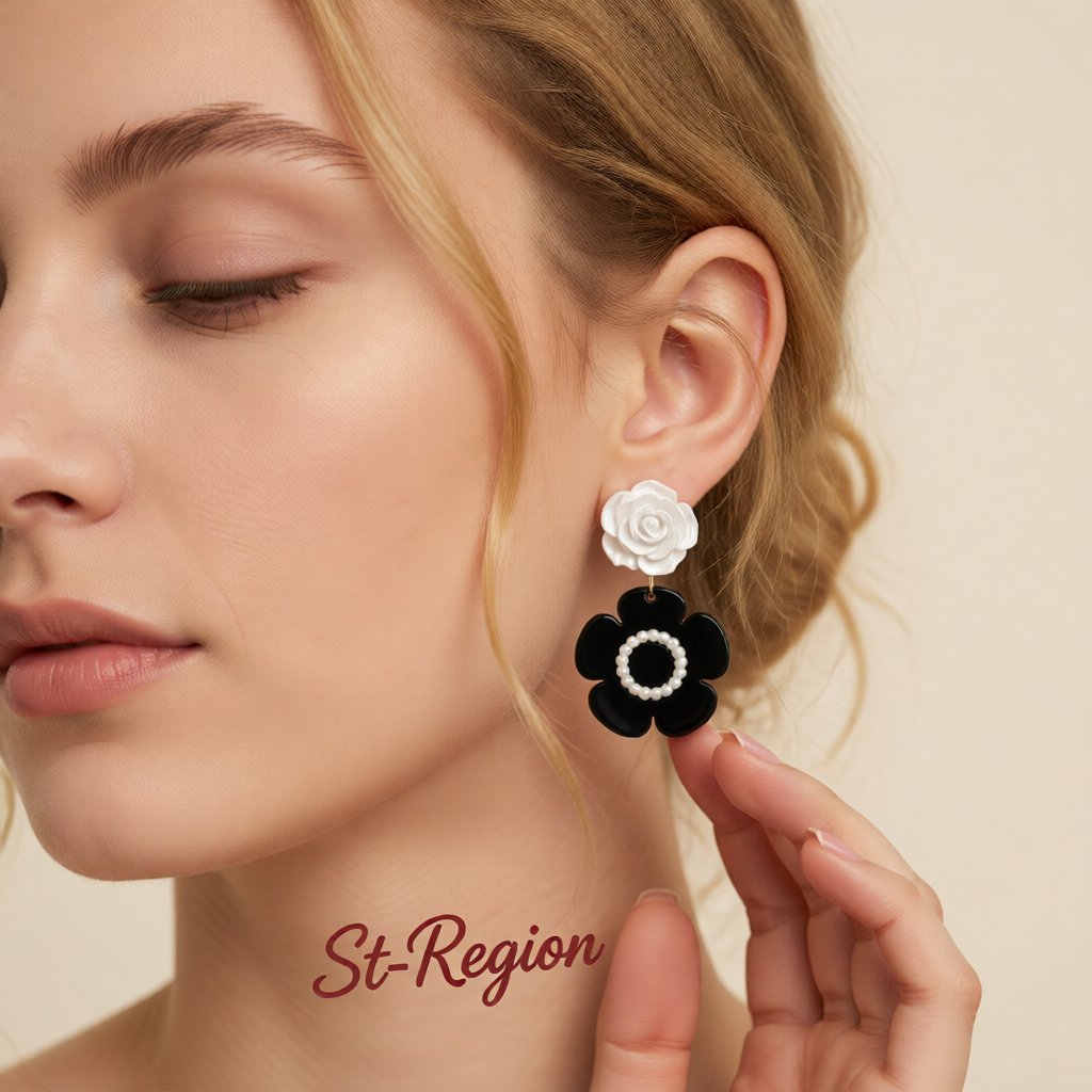 Black Acrylic & White Resin Pearl Silver-Plated Flower Drop Earrings